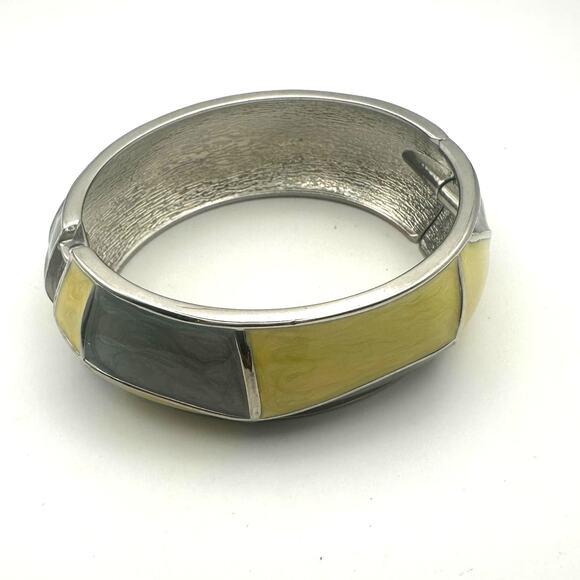 Enamel Hinge Bracelet Bangle Buttery Yellow Gray Grey Bangle Retro Lagenlook - Picture 2 of 11